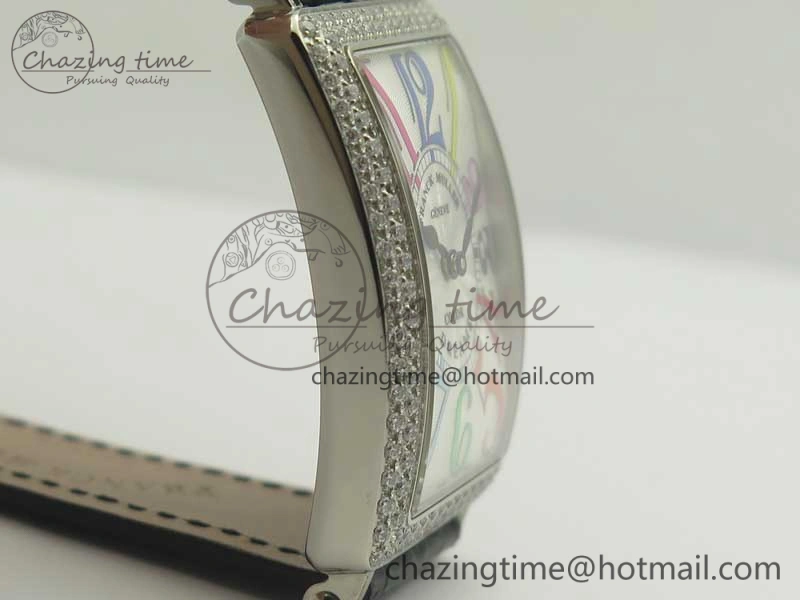 Long Island Color Dream SS Diamonds Bezel GF 1:1 Best Edition on Black Leather Strap Swiss Quartz
