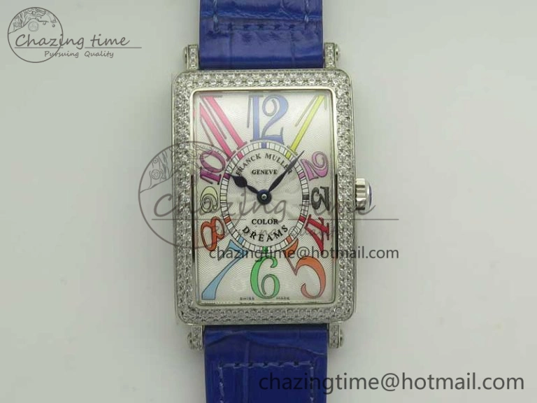 Long Island Color Dream SS Diamonds Bezel GF 1:1 Best Edition on Black Leather Strap Swiss Quartz