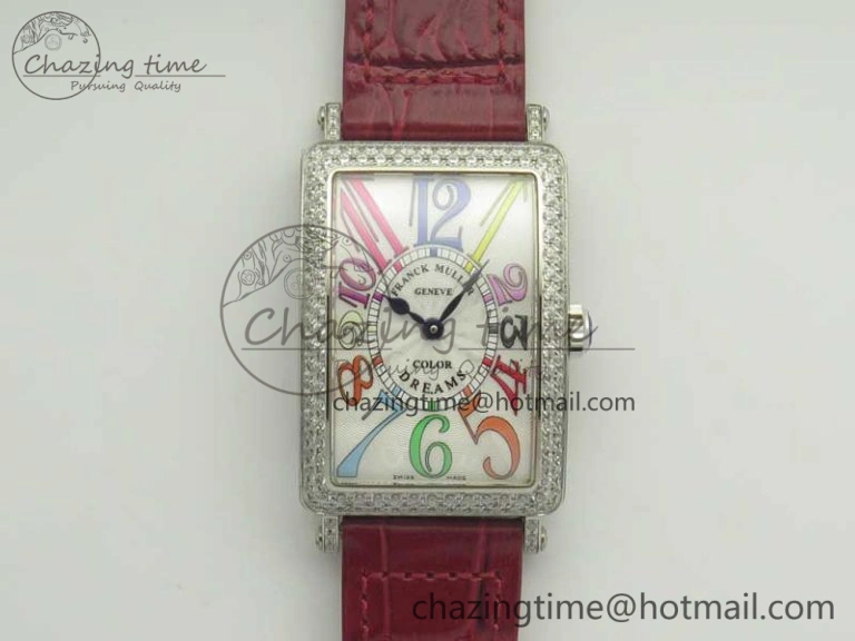 Long Island Color Dream SS Diamonds Bezel GF 1:1 Best Edition on Black Leather Strap Swiss Quartz