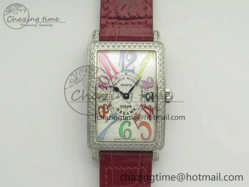 Long Island Color Dream SS Diamonds Bezel GF 1:1 Best Edition on Black Leather Strap Swiss Quartz
