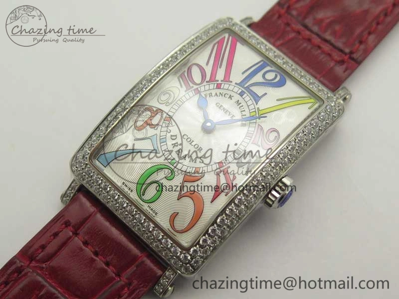 Long Island Color Dream SS Diamonds Bezel GF 1:1 Best Edition on Black Leather Strap Swiss Quartz