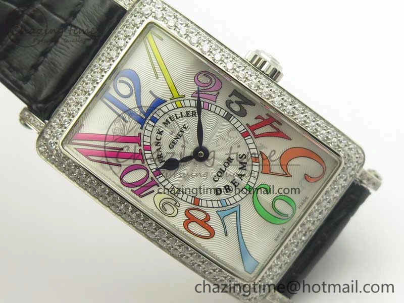 Long Island Color Dream SS Diamonds Bezel GF 1:1 Best Edition on Black Leather Strap Swiss Quartz