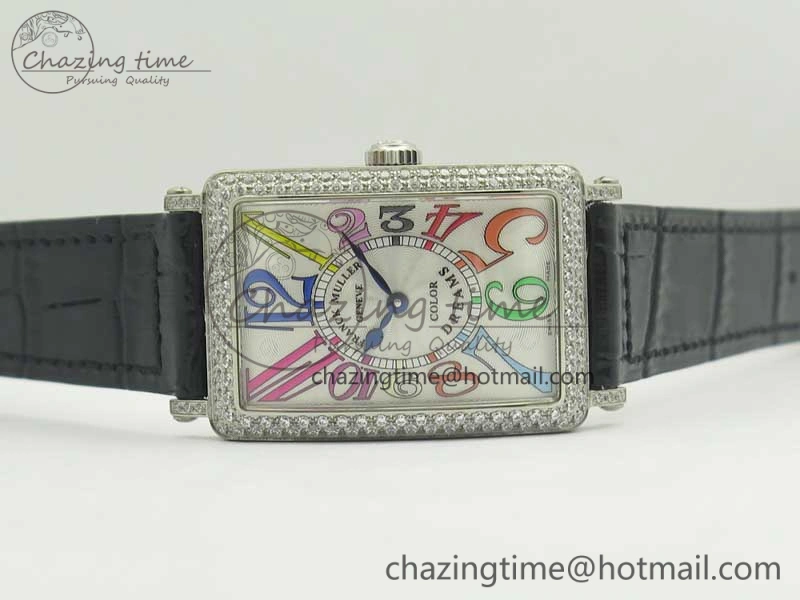 Long Island Color Dream SS Diamonds Bezel GF 1:1 Best Edition on Black Leather Strap Swiss Quartz