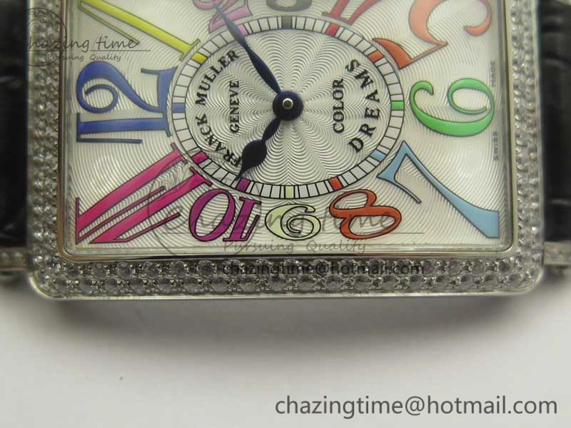Long Island Color Dream SS Diamonds Bezel GF 1:1 Best Edition on Black Leather Strap Swiss Quartz