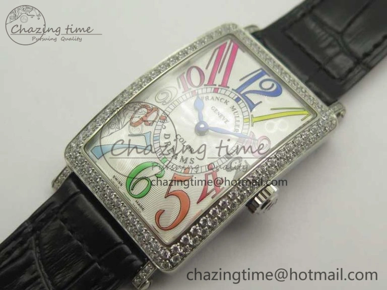 Long Island Color Dream SS Diamonds Bezel GF 1:1 Best Edition on Black Leather Strap Swiss Quartz