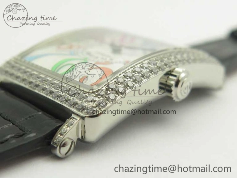 Long Island Color Dream SS Diamonds Bezel GF 1:1 Best Edition on Black Leather Strap Swiss Quartz