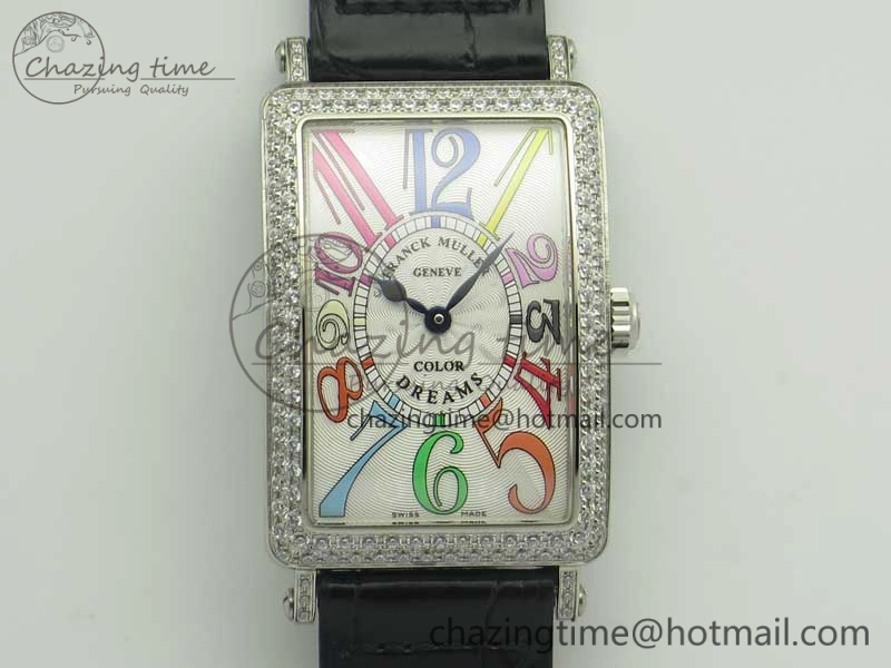 Long Island Color Dream SS Diamonds Bezel GF 1:1 Best Edition on Black Leather Strap Swiss Quartz