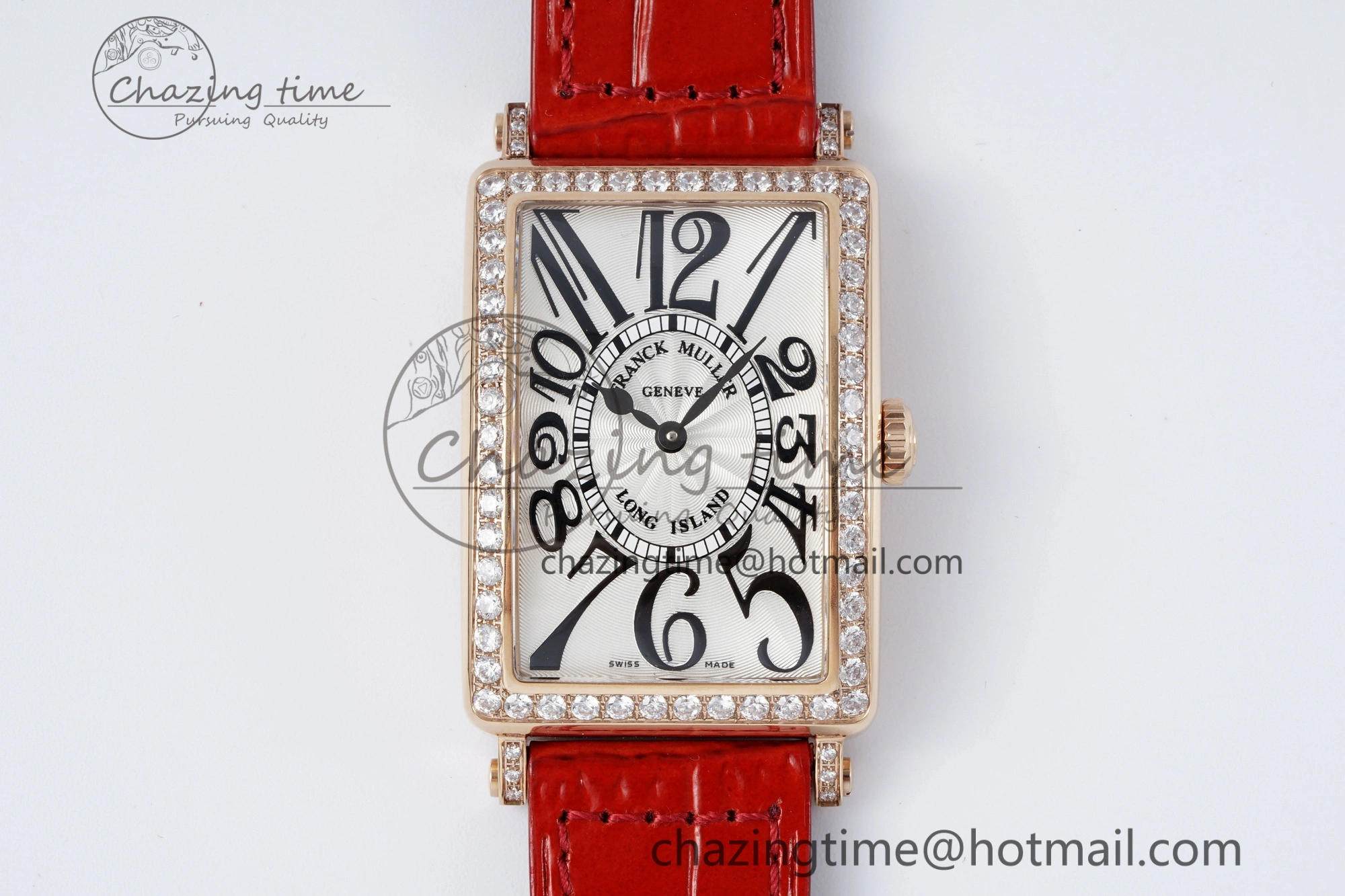 Long Island Ladies RG Diamonds Bezel APSF 1:1 Best Edition White Texured Dial on Red Leather Strap Jap Quartz