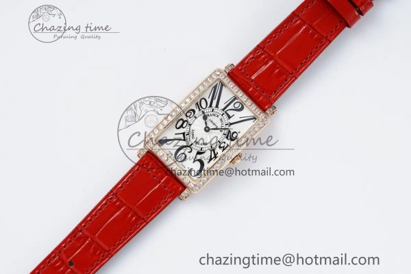 Long Island Ladies RG Diamonds Bezel APSF 1:1 Best Edition White Texured Dial on Red Leather Strap Jap Quartz