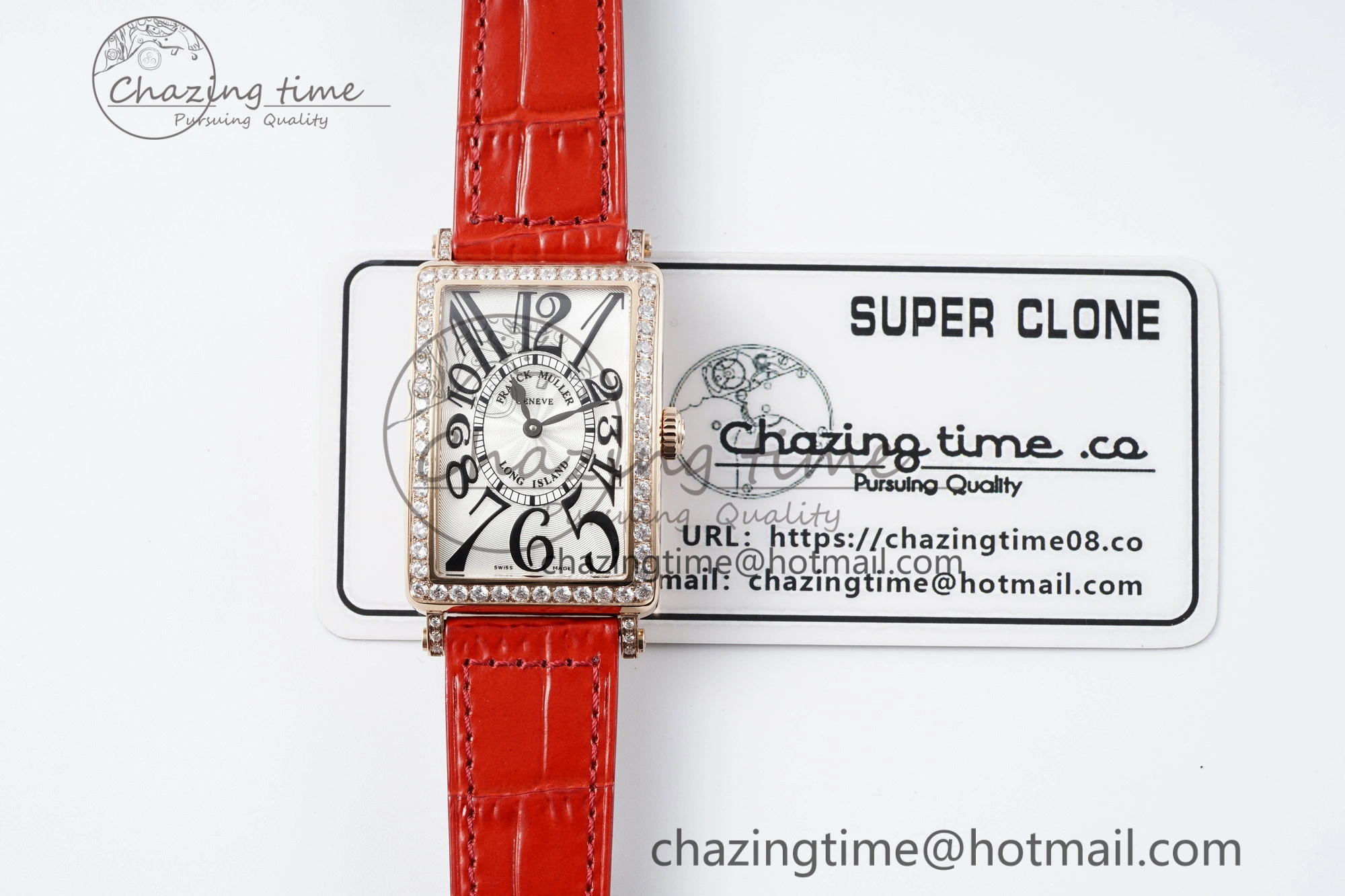 Long Island Ladies RG Diamonds Bezel APSF 1:1 Best Edition White Texured Dial on Red Leather Strap Jap Quartz