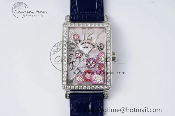 Long Island Ladies SS Diamonds Bezel APSF 1:1 Best Edition Pink MOP Dial on Blue Leather Strap Jap Quartz