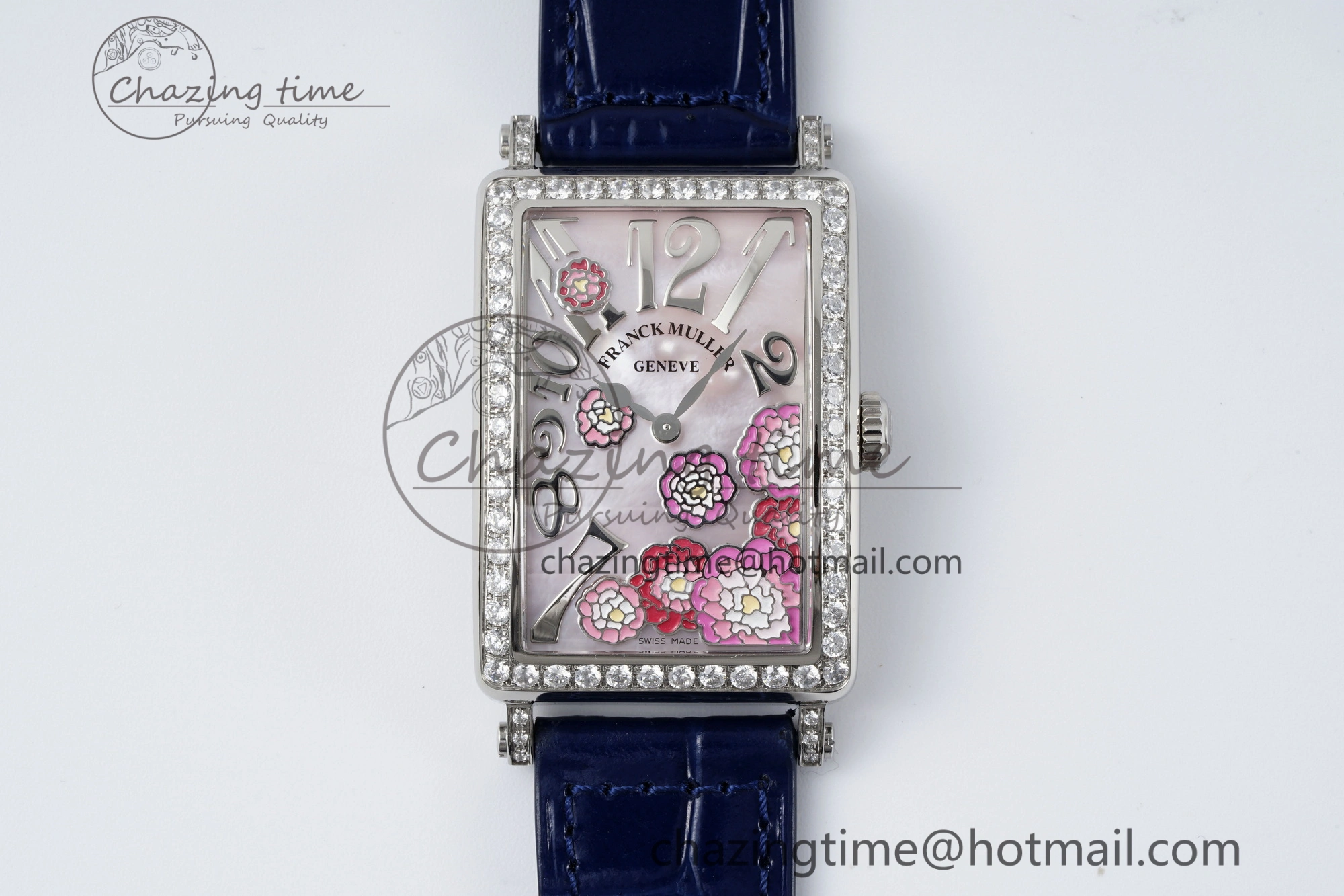 Long Island Ladies SS Diamonds Bezel APSF 1:1 Best Edition Pink MOP Dial on Blue Leather Strap Jap Quartz