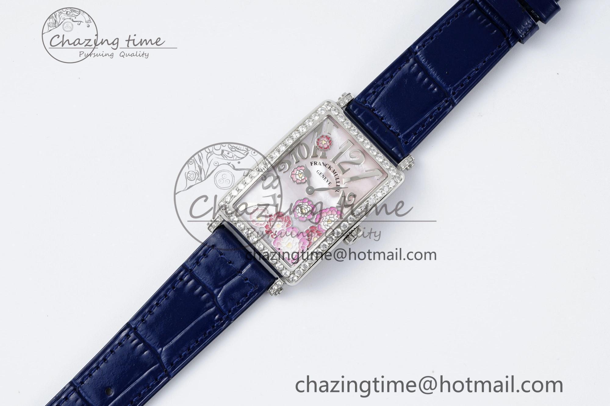 Long Island Ladies SS Diamonds Bezel APSF 1:1 Best Edition Pink MOP Dial on Blue Leather Strap Jap Quartz