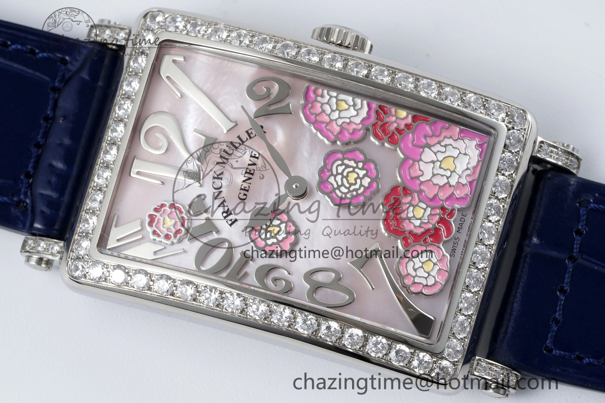 Long Island Ladies SS Diamonds Bezel APSF 1:1 Best Edition Pink MOP Dial on Blue Leather Strap Jap Quartz