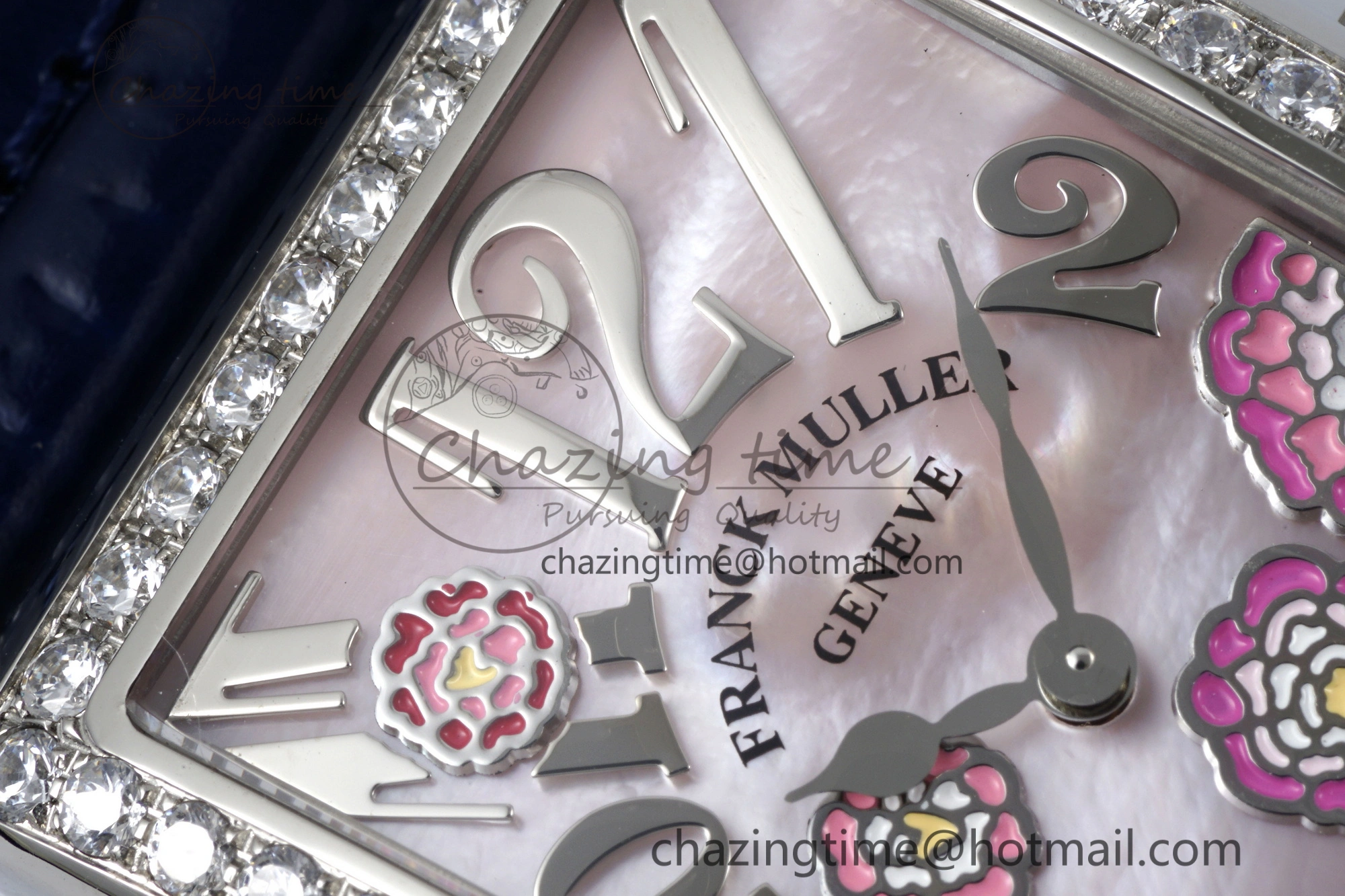 Long Island Ladies SS Diamonds Bezel APSF 1:1 Best Edition Pink MOP Dial on Blue Leather Strap Jap Quartz
