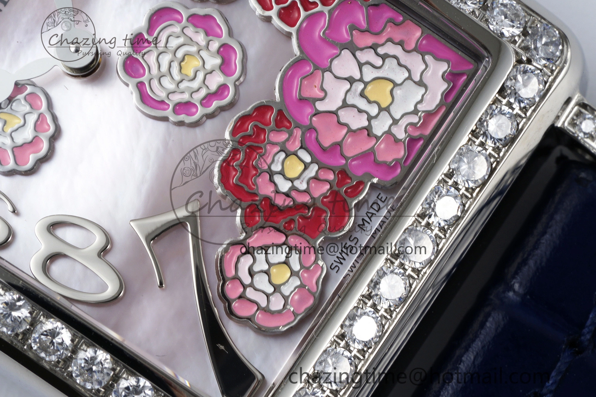 Long Island Ladies SS Diamonds Bezel APSF 1:1 Best Edition Pink MOP Dial on Blue Leather Strap Jap Quartz