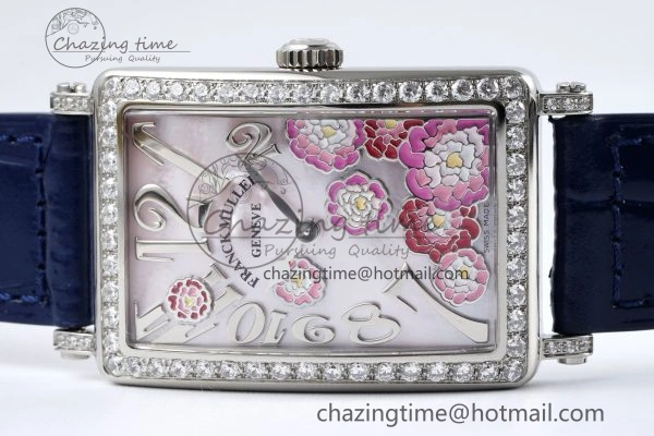 Long Island Ladies SS Diamonds Bezel APSF 1:1 Best Edition Pink MOP Dial on Blue Leather Strap Jap Quartz