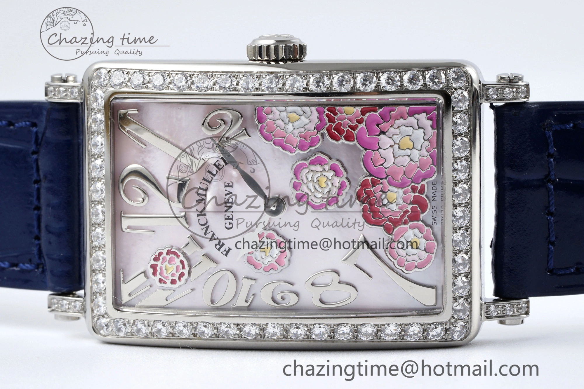 Long Island Ladies SS Diamonds Bezel APSF 1:1 Best Edition Pink MOP Dial on Blue Leather Strap Jap Quartz