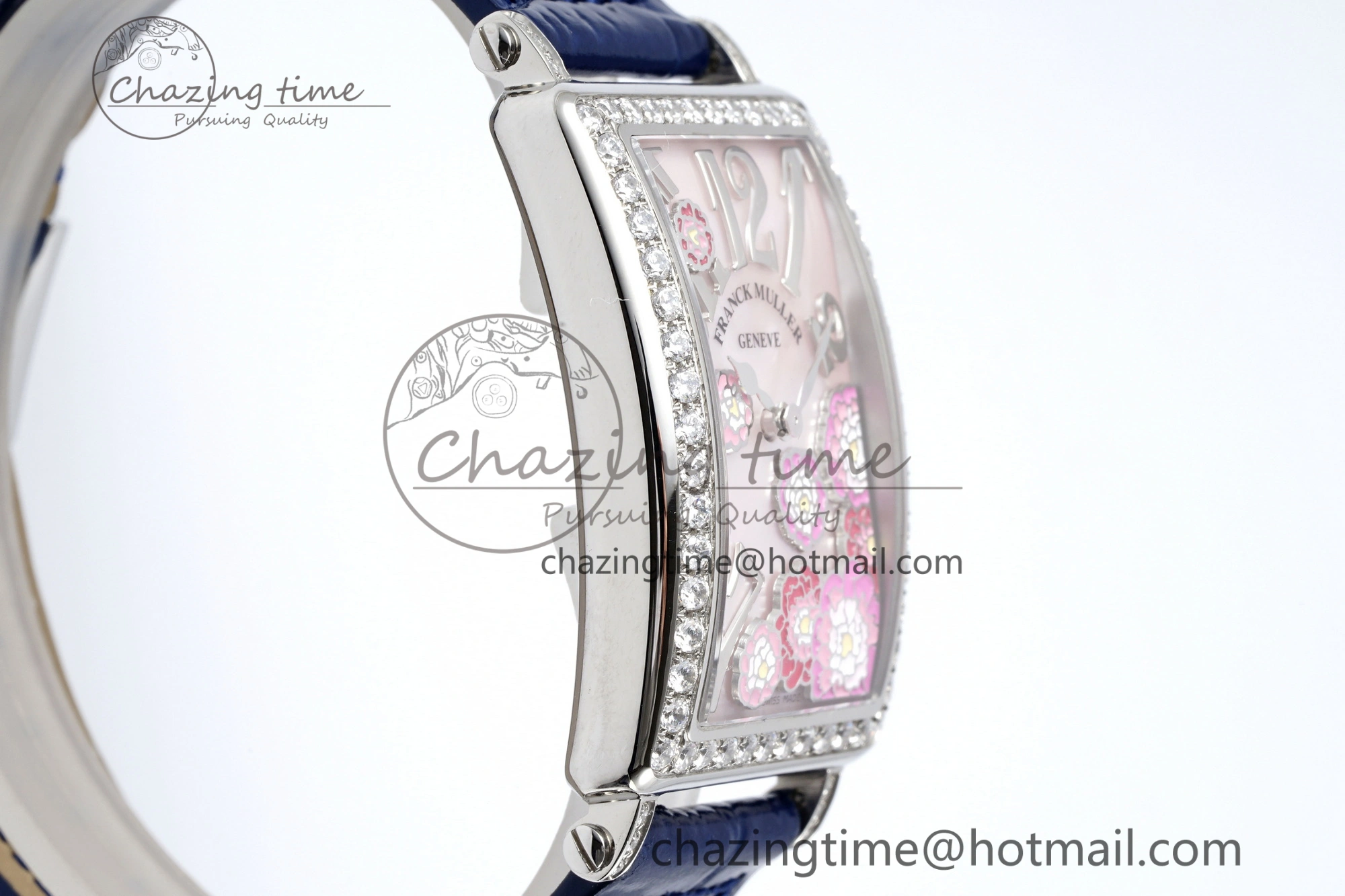 Long Island Ladies SS Diamonds Bezel APSF 1:1 Best Edition Pink MOP Dial on Blue Leather Strap Jap Quartz
