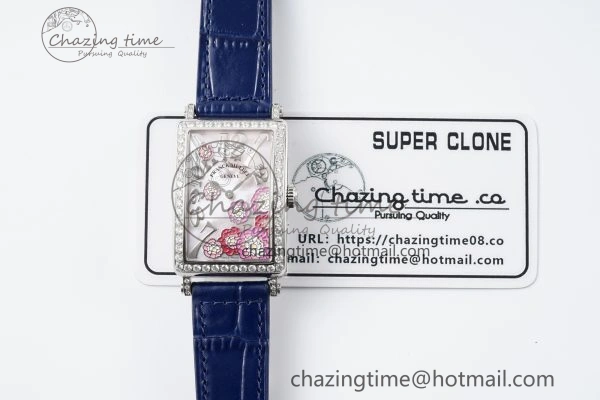 Long Island Ladies SS Diamonds Bezel APSF 1:1 Best Edition Pink MOP Dial on Blue Leather Strap Jap Quartz