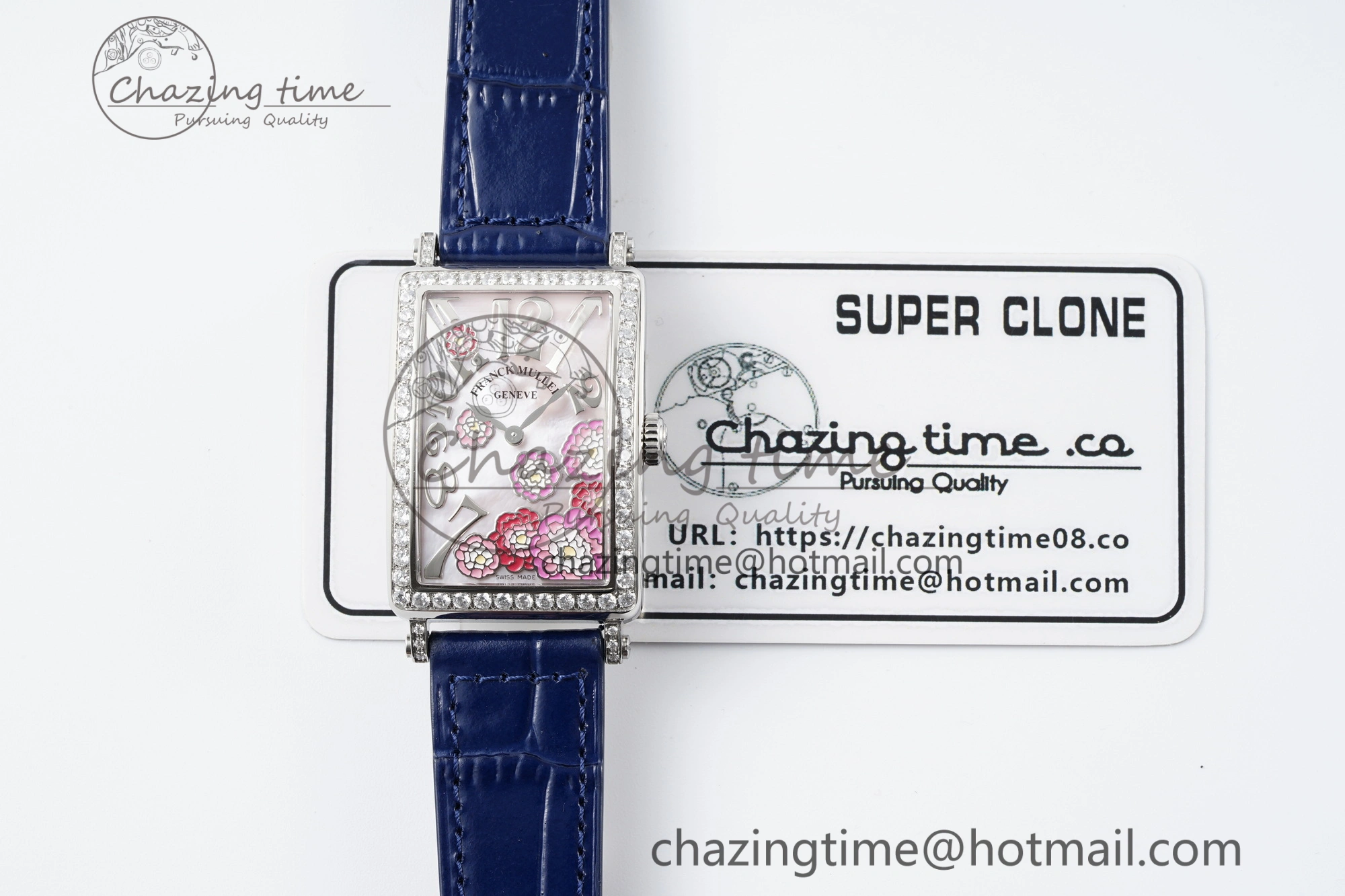 Long Island Ladies SS Diamonds Bezel APSF 1:1 Best Edition Pink MOP Dial on Blue Leather Strap Jap Quartz