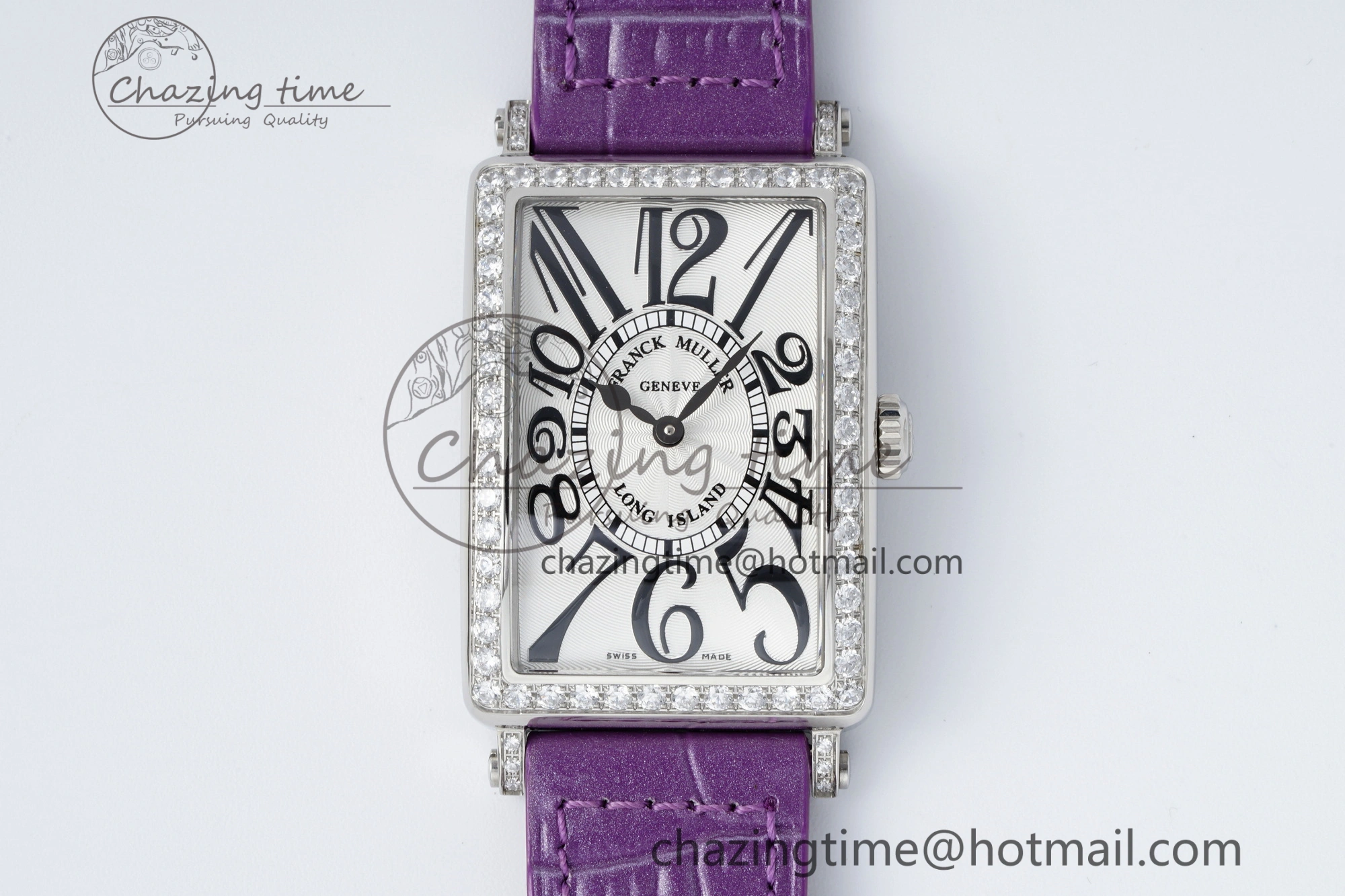 Long Island Ladies SS Diamonds Bezel APSF 1:1 Best Edition White Texured Dial on Purple Leather Strap Jap Quartz