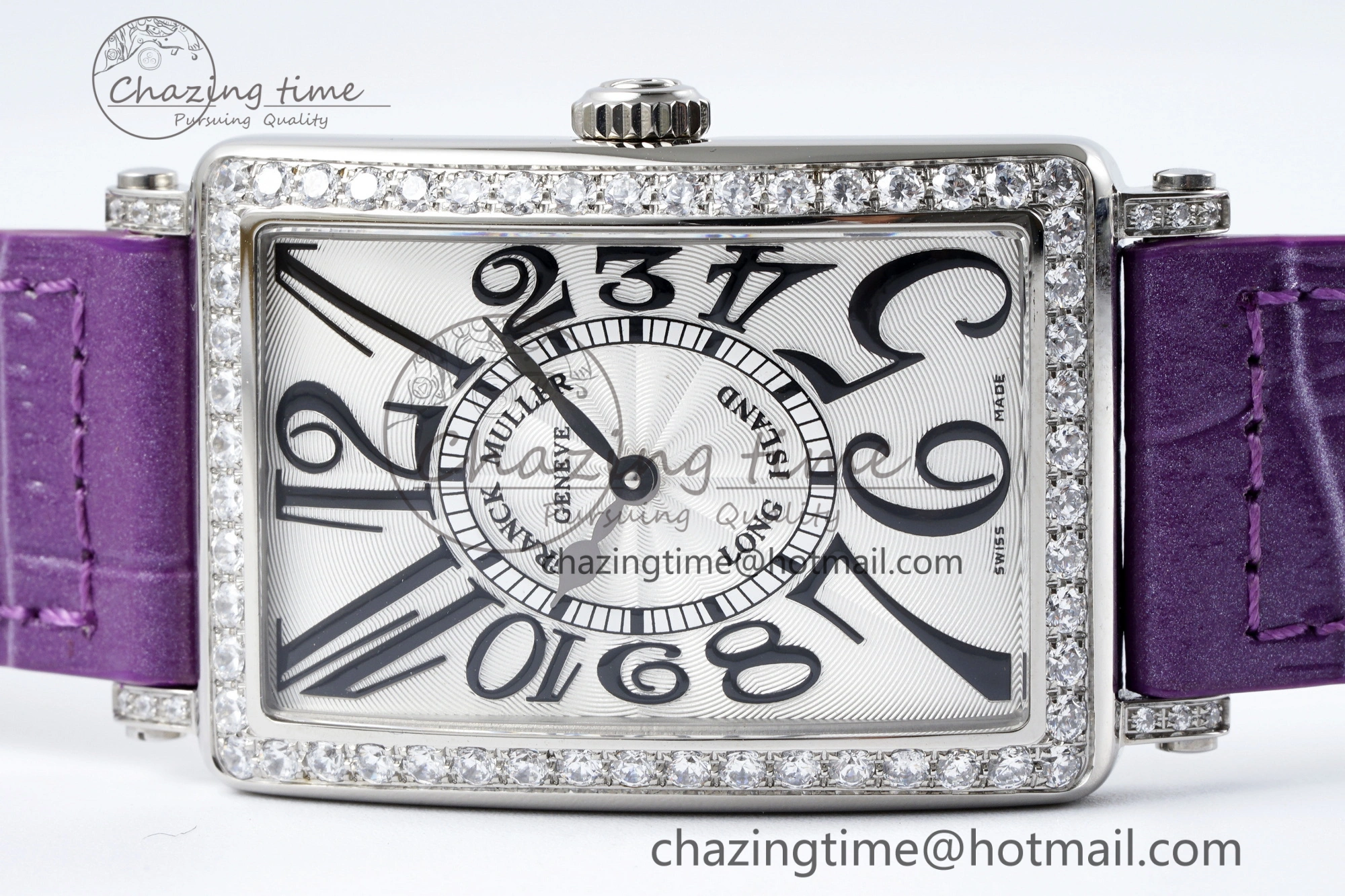 Long Island Ladies SS Diamonds Bezel APSF 1:1 Best Edition White Texured Dial on Purple Leather Strap Jap Quartz