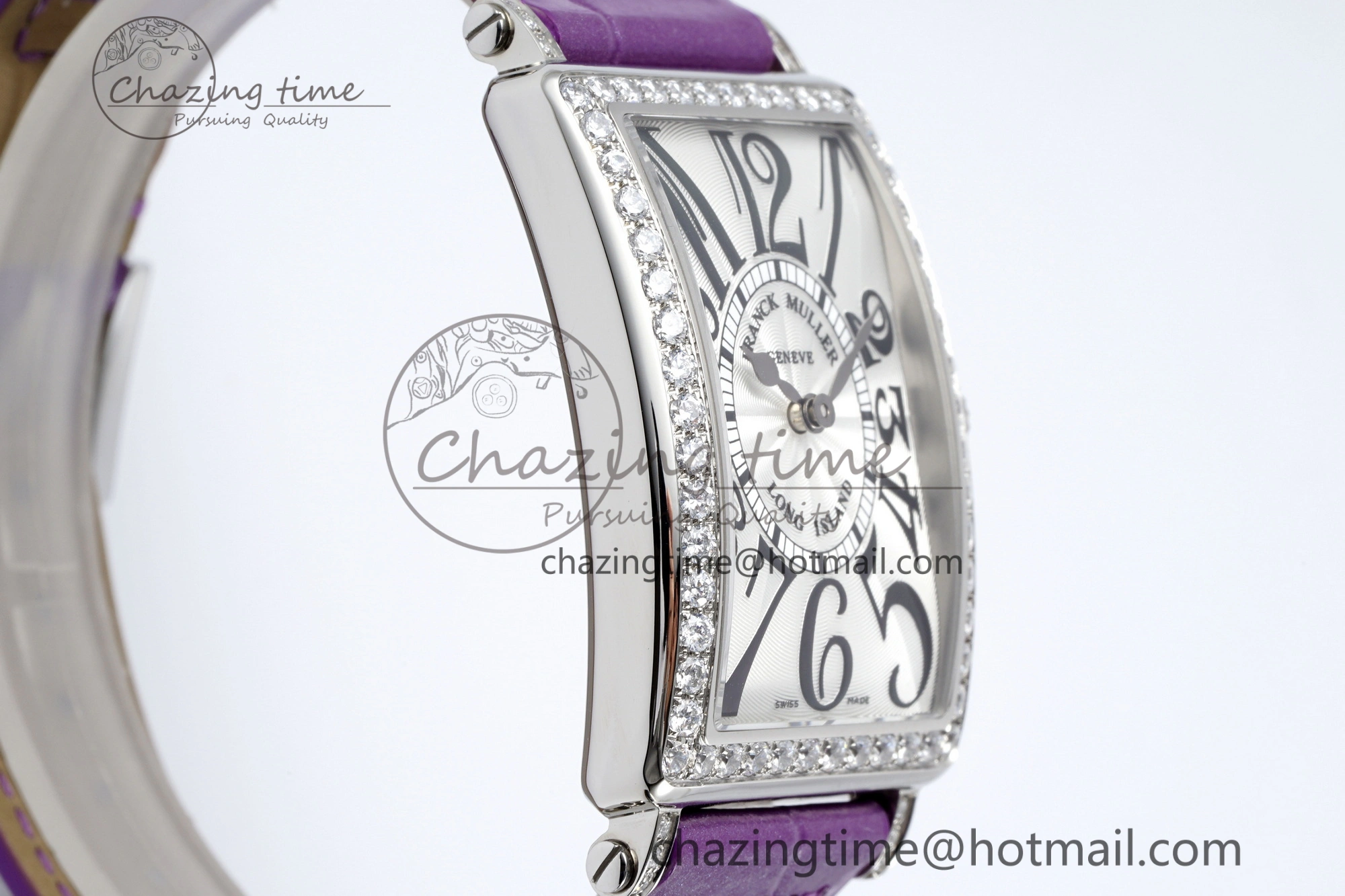 Long Island Ladies SS Diamonds Bezel APSF 1:1 Best Edition White Texured Dial on Purple Leather Strap Jap Quartz