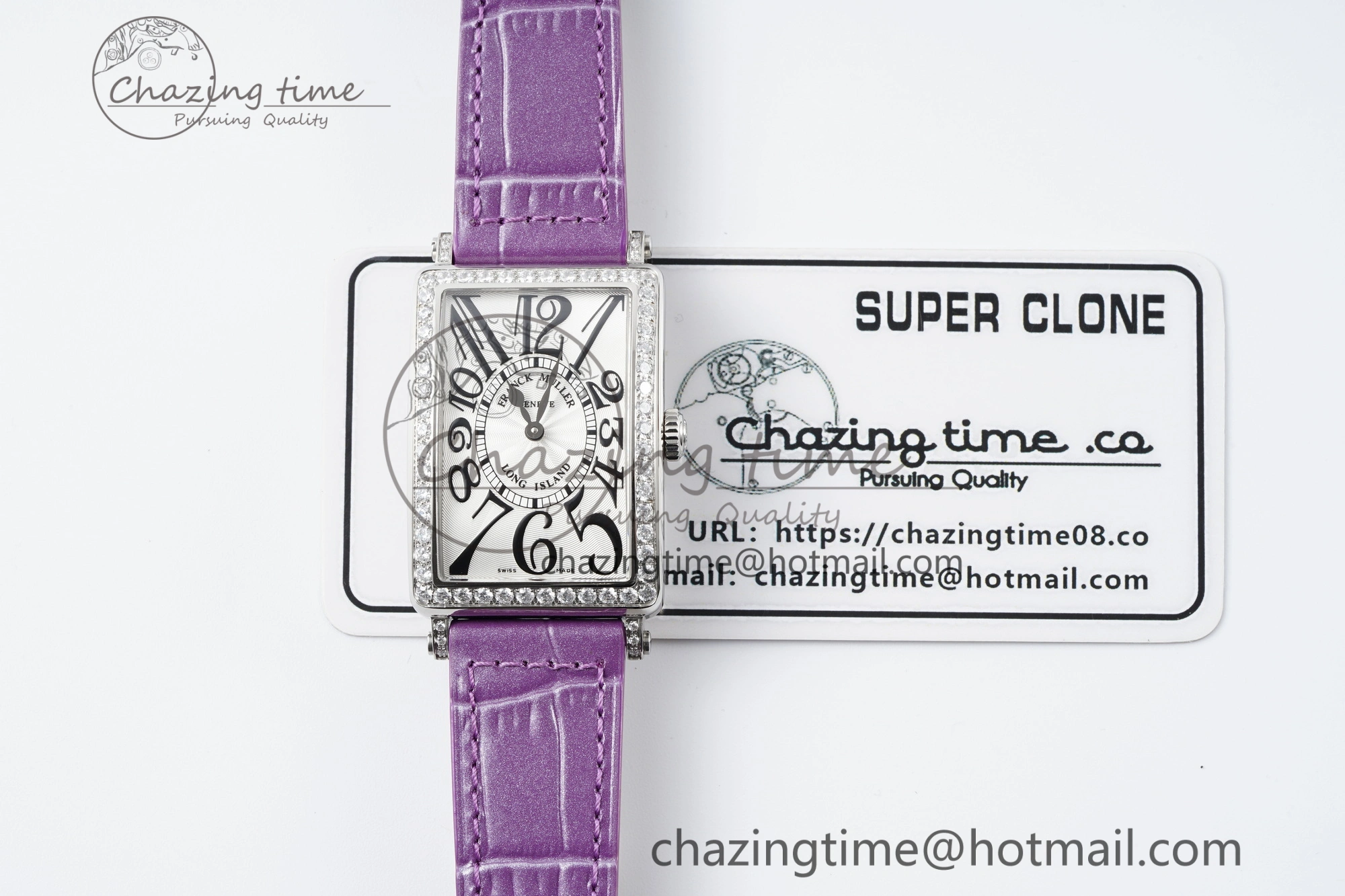 Long Island Ladies SS Diamonds Bezel APSF 1:1 Best Edition White Texured Dial on Purple Leather Strap Jap Quartz
