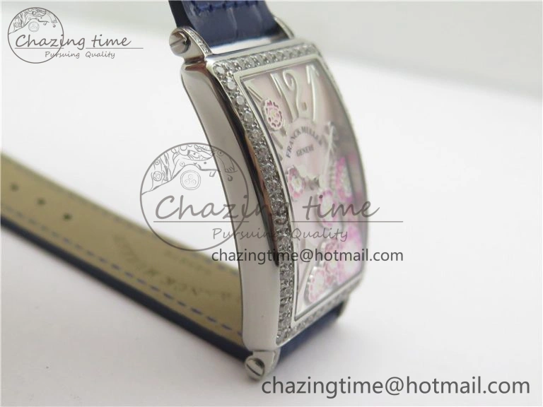 Long Island Ladies SS Diamonds Bezel ZF 1:1 Mother of Pearl Dial on Blue Leather Strap Swiss Ronda Quartz