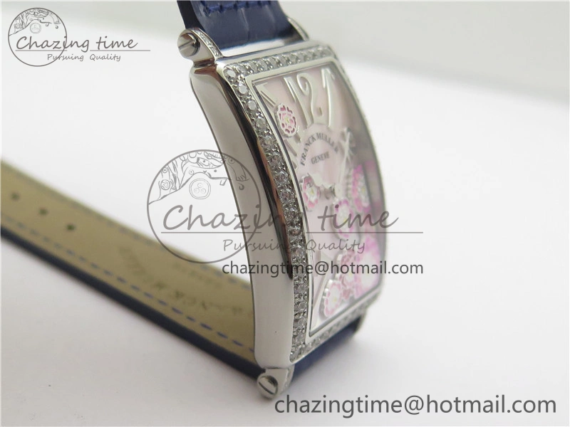 Long Island Ladies SS Diamonds Bezel ZF 1:1 Mother of Pearl Dial on Blue Leather Strap Swiss Ronda Quartz