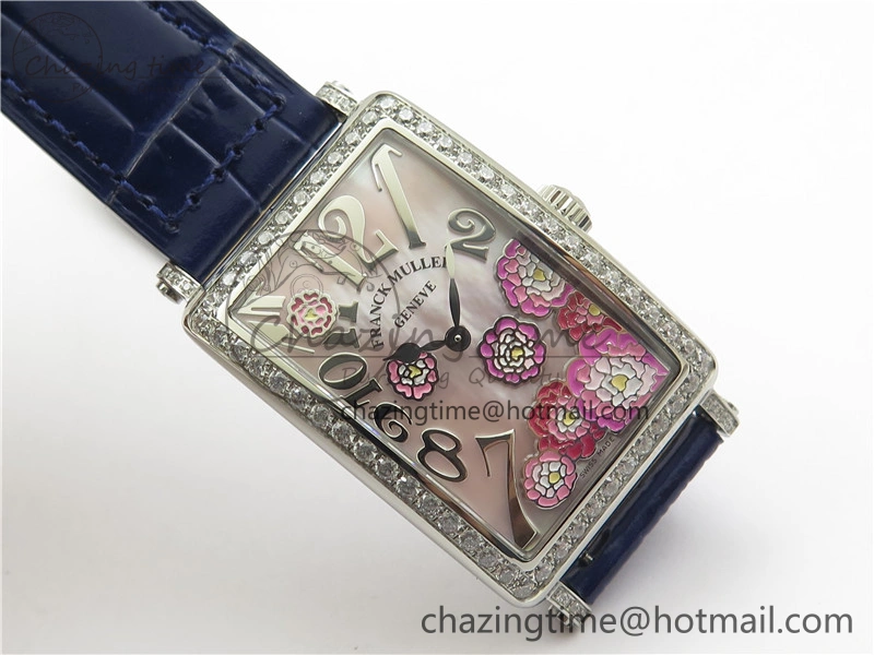Long Island Ladies SS Diamonds Bezel ZF 1:1 Mother of Pearl Dial on Blue Leather Strap Swiss Ronda Quartz