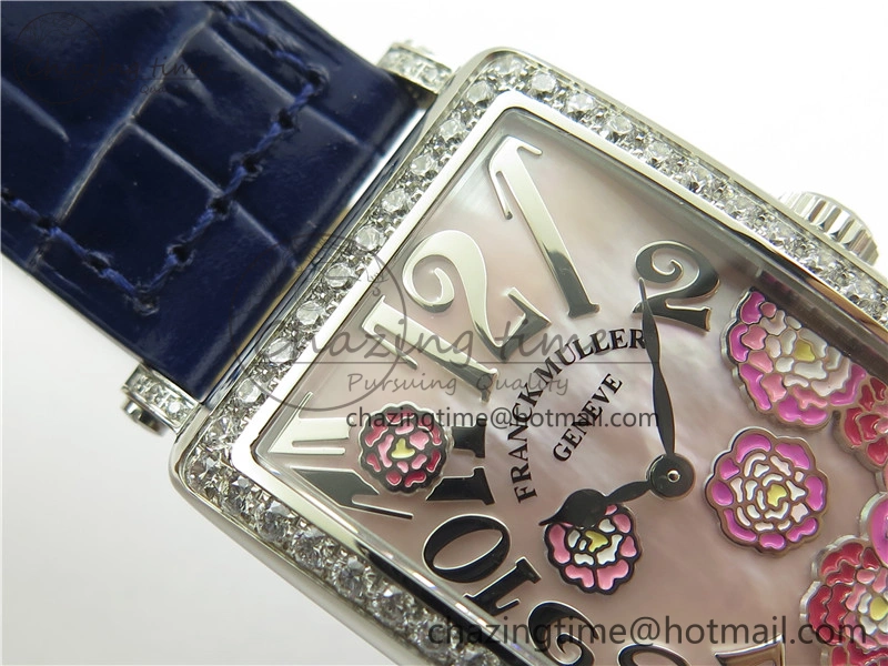 Long Island Ladies SS Diamonds Bezel ZF 1:1 Mother of Pearl Dial on Blue Leather Strap Swiss Ronda Quartz