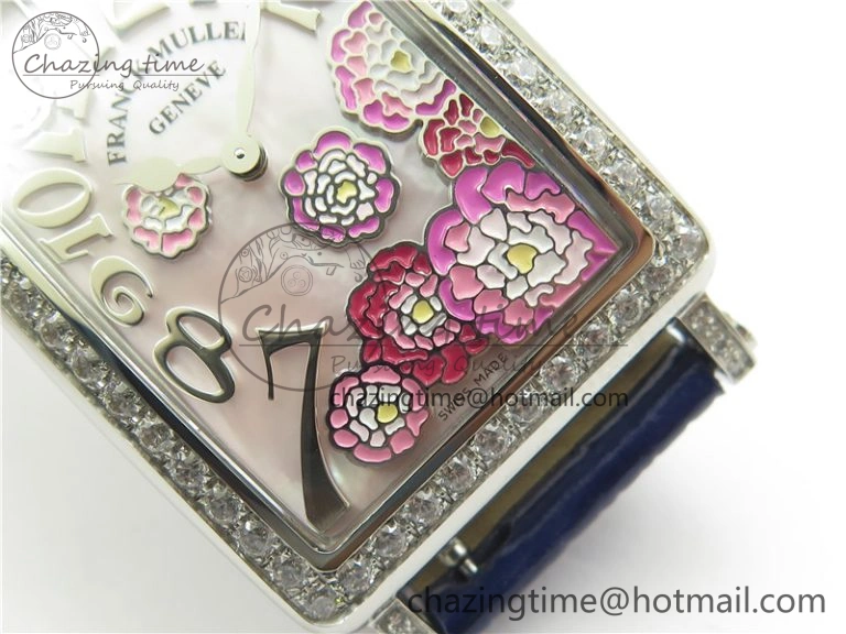 Long Island Ladies SS Diamonds Bezel ZF 1:1 Mother of Pearl Dial on Blue Leather Strap Swiss Ronda Quartz