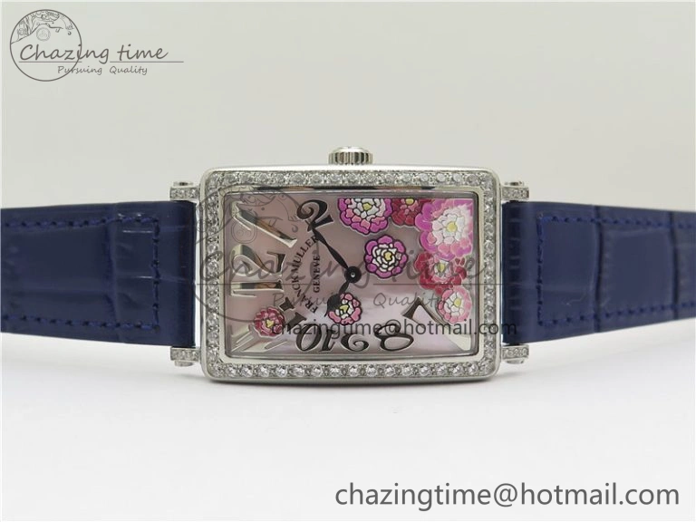 Long Island Ladies SS Diamonds Bezel ZF 1:1 Mother of Pearl Dial on Blue Leather Strap Swiss Ronda Quartz