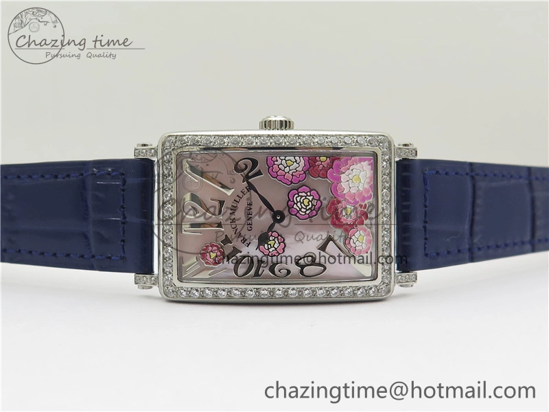 Long Island Ladies SS Diamonds Bezel ZF 1:1 Mother of Pearl Dial on Blue Leather Strap Swiss Ronda Quartz