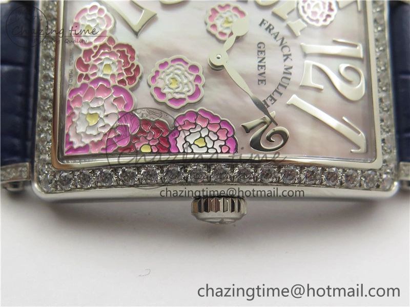 Long Island Ladies SS Diamonds Bezel ZF 1:1 Mother of Pearl Dial on Blue Leather Strap Swiss Ronda Quartz