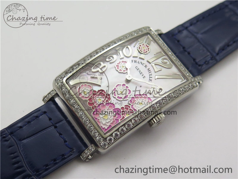 Long Island Ladies SS Diamonds Bezel ZF 1:1 Mother of Pearl Dial on Blue Leather Strap Swiss Ronda Quartz