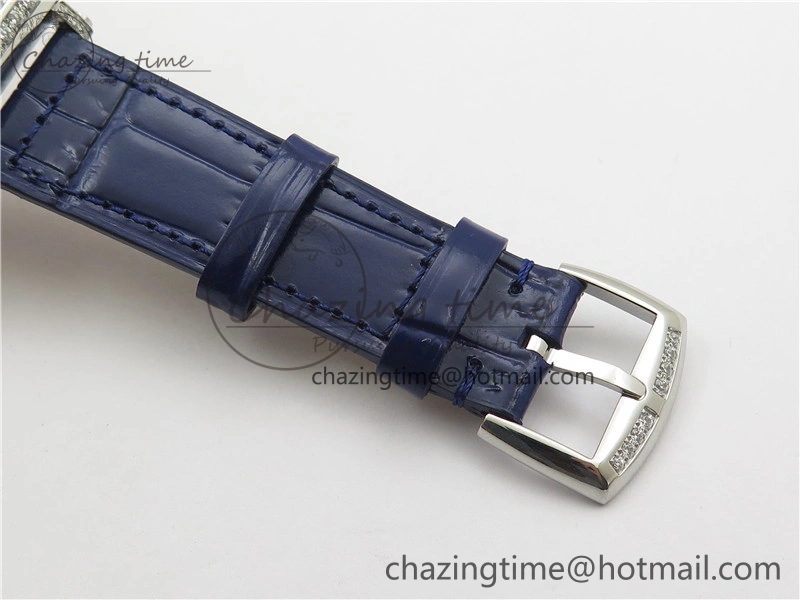Long Island Ladies SS Diamonds Bezel ZF 1:1 Mother of Pearl Dial on Blue Leather Strap Swiss Ronda Quartz