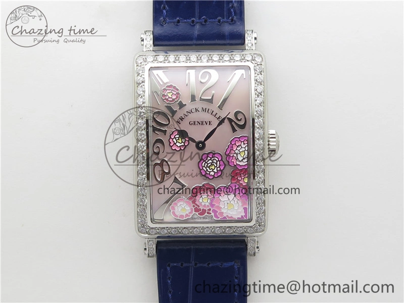 Long Island Ladies SS Diamonds Bezel ZF 1:1 Mother of Pearl Dial on Blue Leather Strap Swiss Ronda Quartz