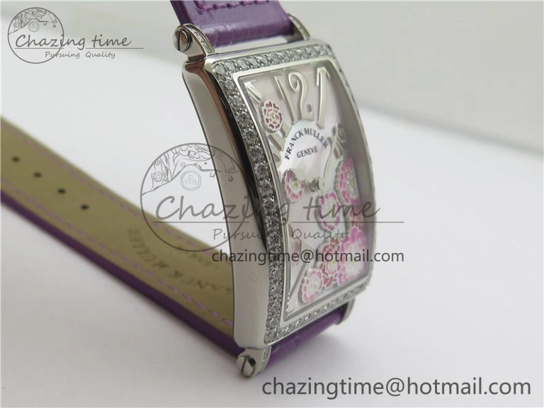Long Island Ladies SS Diamonds Bezel ZF 1:1 Mother of Pearl Dial on Purple Leather Strap Swiss Ronda Quartz