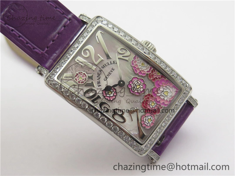 Long Island Ladies SS Diamonds Bezel ZF 1:1 Mother of Pearl Dial on Purple Leather Strap Swiss Ronda Quartz