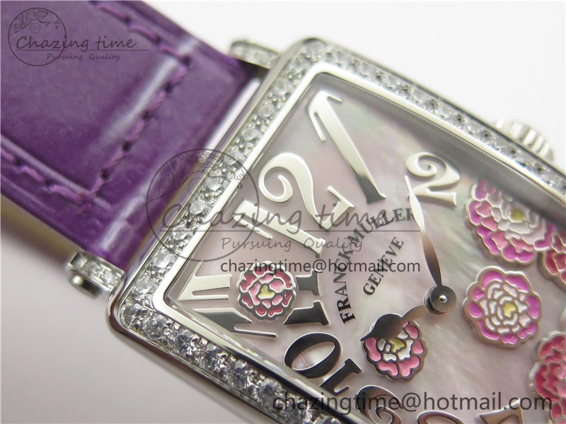 Long Island Ladies SS Diamonds Bezel ZF 1:1 Mother of Pearl Dial on Purple Leather Strap Swiss Ronda Quartz