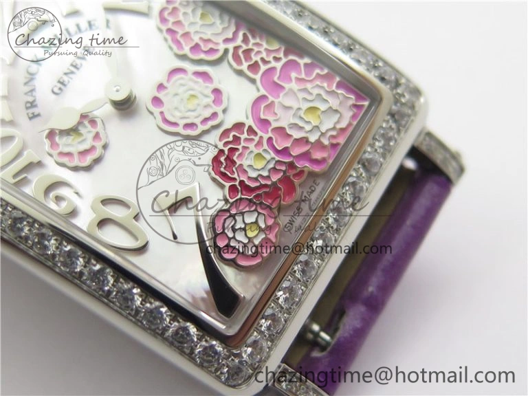 Long Island Ladies SS Diamonds Bezel ZF 1:1 Mother of Pearl Dial on Purple Leather Strap Swiss Ronda Quartz