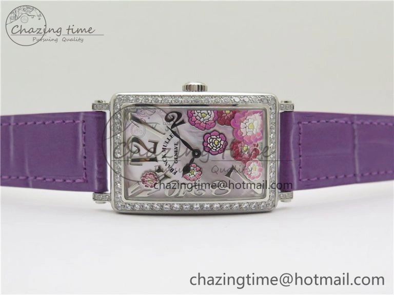 Long Island Ladies SS Diamonds Bezel ZF 1:1 Mother of Pearl Dial on Purple Leather Strap Swiss Ronda Quartz