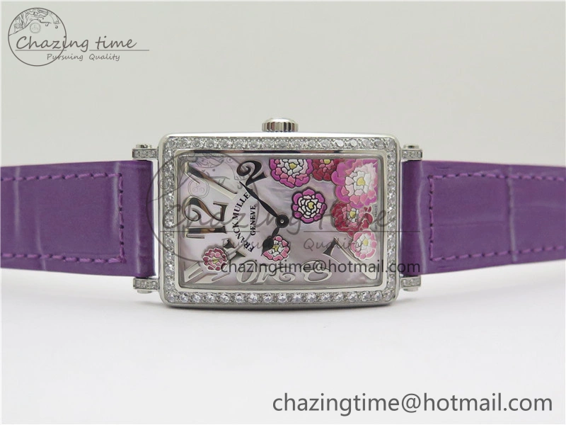 Long Island Ladies SS Diamonds Bezel ZF 1:1 Mother of Pearl Dial on Purple Leather Strap Swiss Ronda Quartz