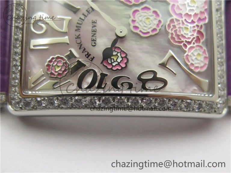 Long Island Ladies SS Diamonds Bezel ZF 1:1 Mother of Pearl Dial on Purple Leather Strap Swiss Ronda Quartz