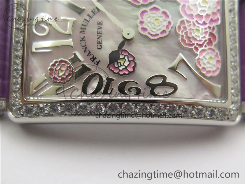 Long Island Ladies SS Diamonds Bezel ZF 1:1 Mother of Pearl Dial on Purple Leather Strap Swiss Ronda Quartz
