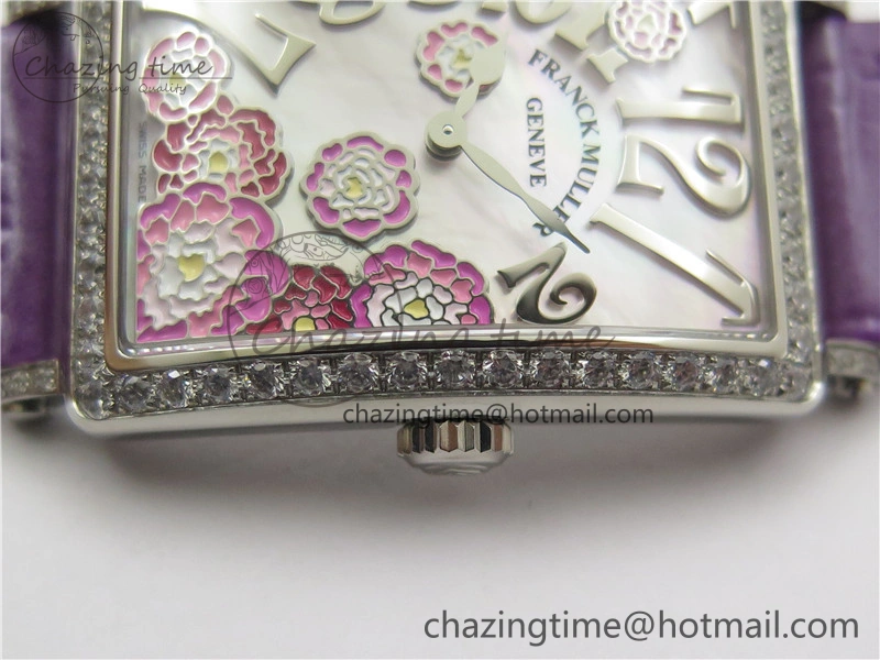 Long Island Ladies SS Diamonds Bezel ZF 1:1 Mother of Pearl Dial on Purple Leather Strap Swiss Ronda Quartz