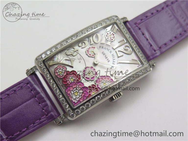 Long Island Ladies SS Diamonds Bezel ZF 1:1 Mother of Pearl Dial on Purple Leather Strap Swiss Ronda Quartz